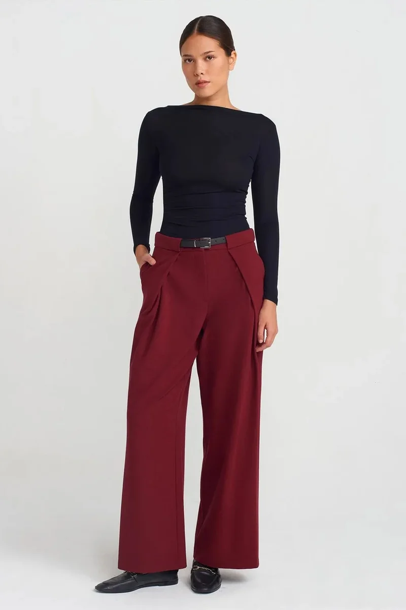 Dilvin DILVIN Women's Wide-Leg Crepe Trousers With Belt