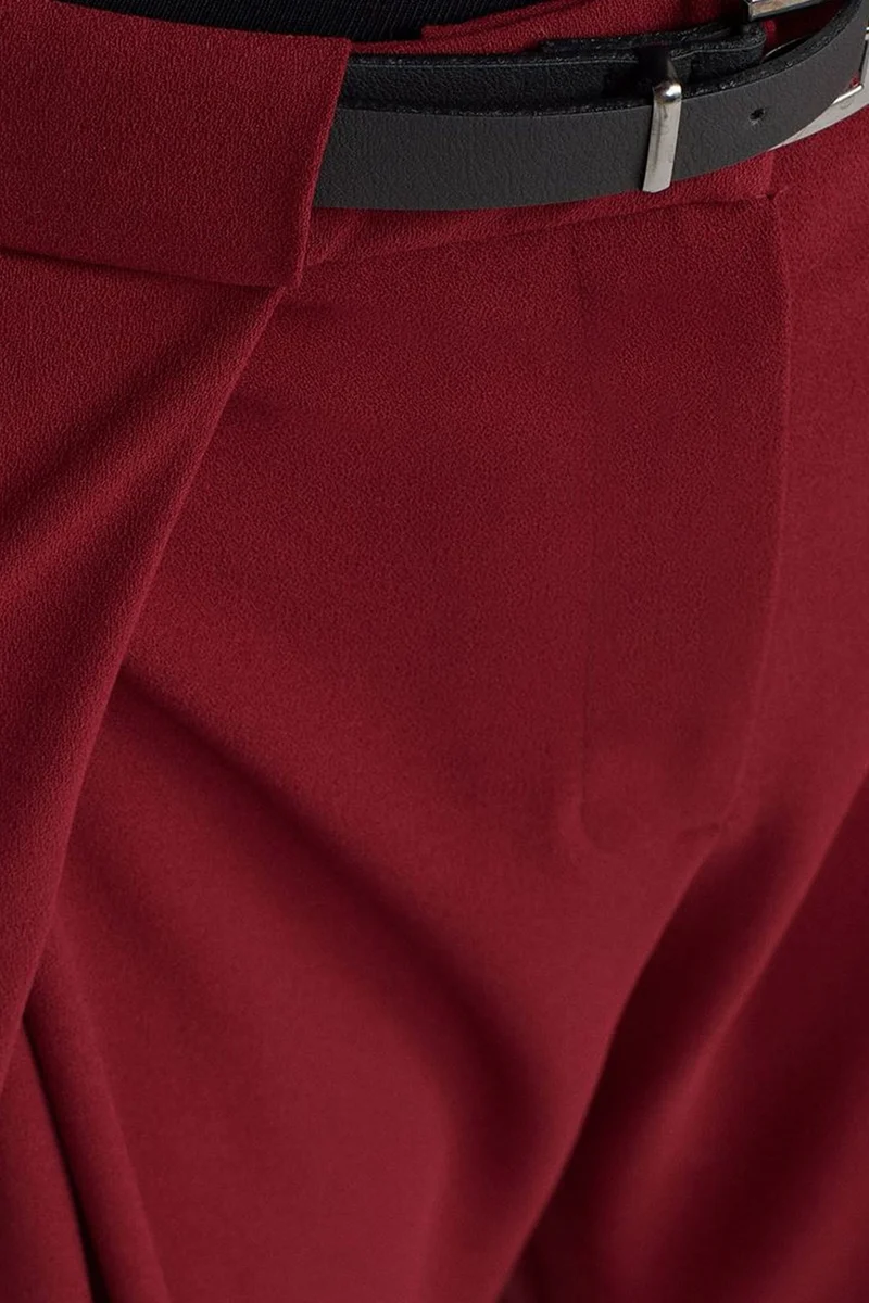 Dilvin Burgundy Red DILVIN Women's Wide-Leg Crepe Trousers With Belt for Women | Best Price UAE