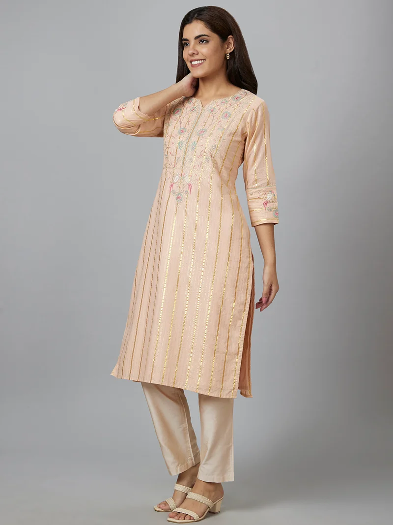 globus Women Peach & Pink Striped Round Neck Thread Work Pure Cotton Straight Kurta