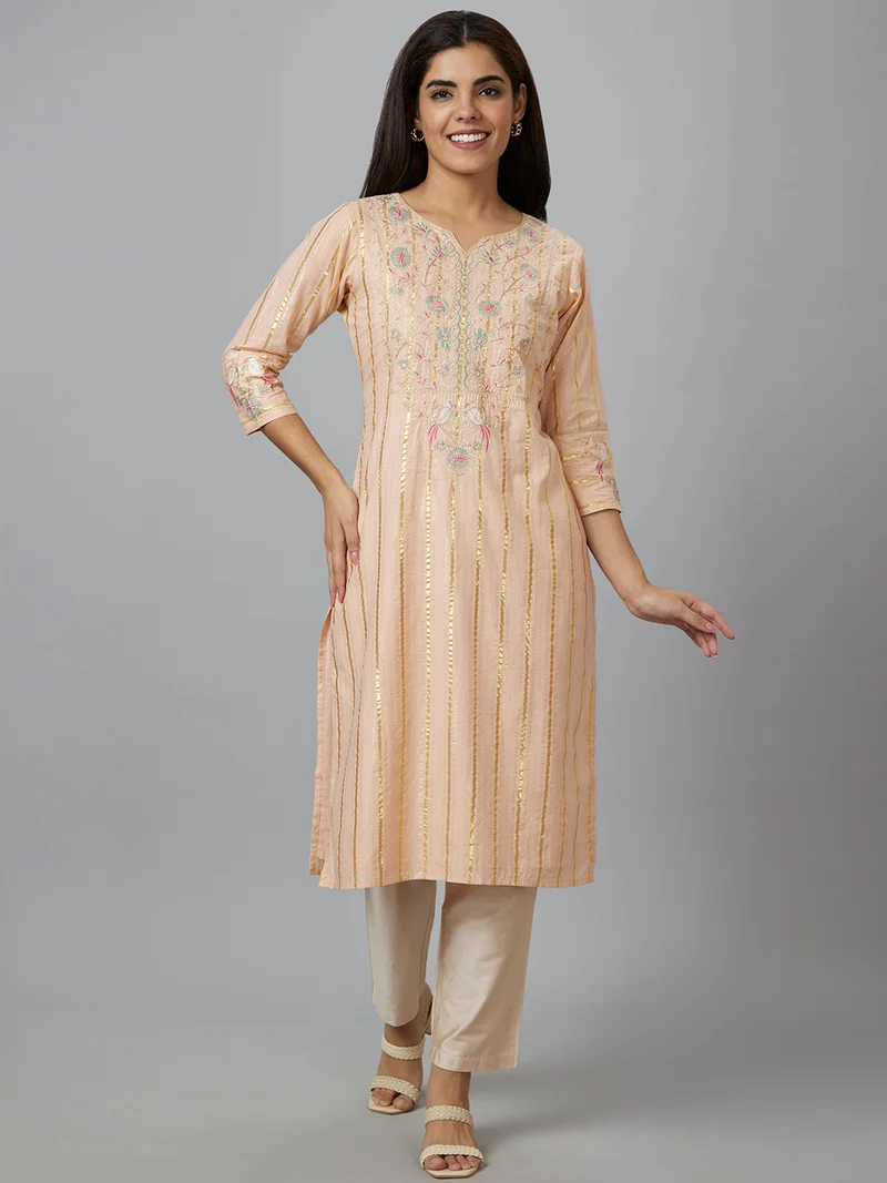 globus Women Peach & Pink Striped Round Neck Thread Work Pure Cotton Straight Kurta