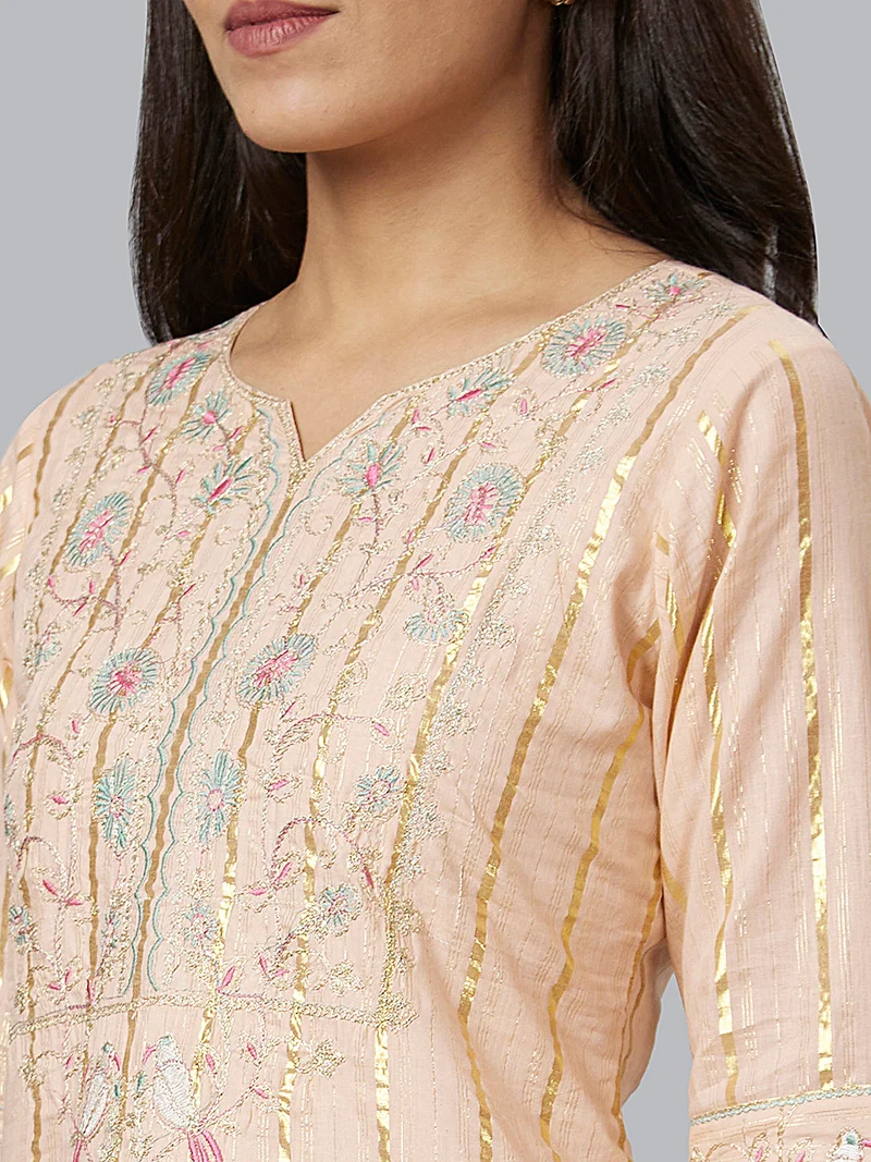 globus Women Peach & Pink Striped Round Neck Thread Work Pure Cotton Straight Kurta