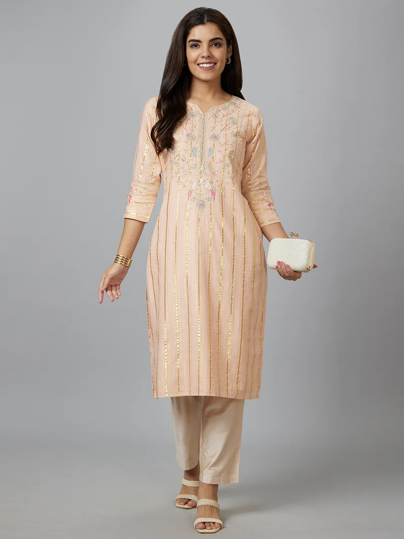 globus Women Peach & Pink Striped Round Neck Thread Work Pure Cotton Straight Kurta