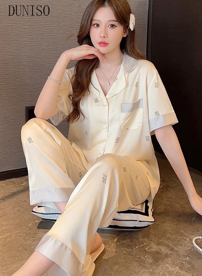 DUNISO 2-piece Women' s Pajama Sets Silk Satin Sleepwear Sweet Loungewear Nightwear Long Sleeve Notch Neck Shirt with Button Down and Waist Elastic Pants Pajama Set for Women Ladies Grils - Image 3