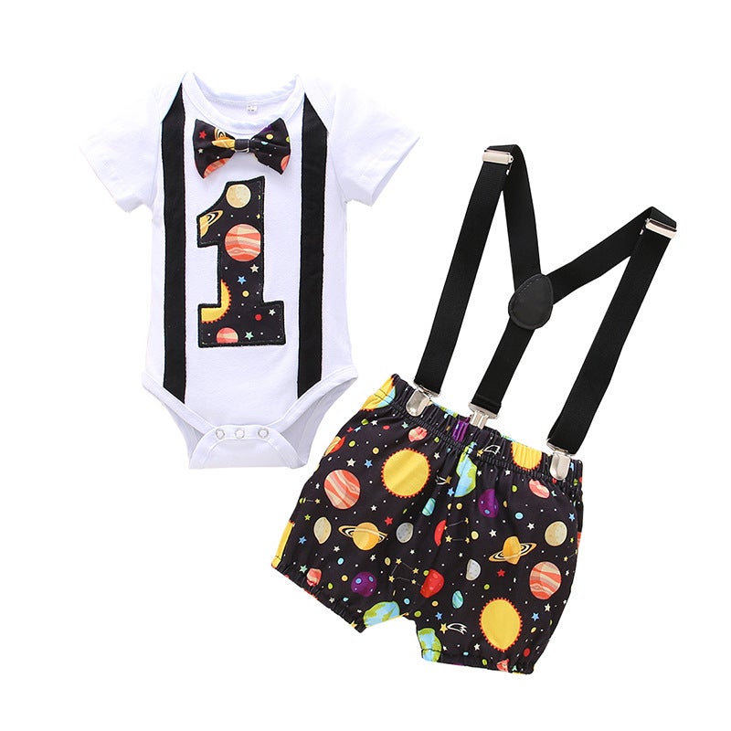 Summer Cartoon Baby Romper Birthday Outfit Set White 