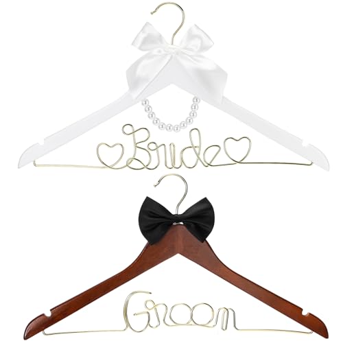 Beeveer 2 Pcs Bride Hanger for Wedding Dress Bride and Groom Wooden Wedding Dress Hanger Set with Bow Tie for Tuxedo Suit Gift Bridal Party ShowerFresh - Image 1