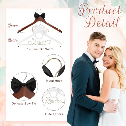 Beeveer 2 Pcs Bride Hanger for Wedding Dress Bride and Groom Wooden Wedding Dress Hanger Set with Bow Tie for Tuxedo Suit Gift Bridal Party ShowerFresh - Image 3