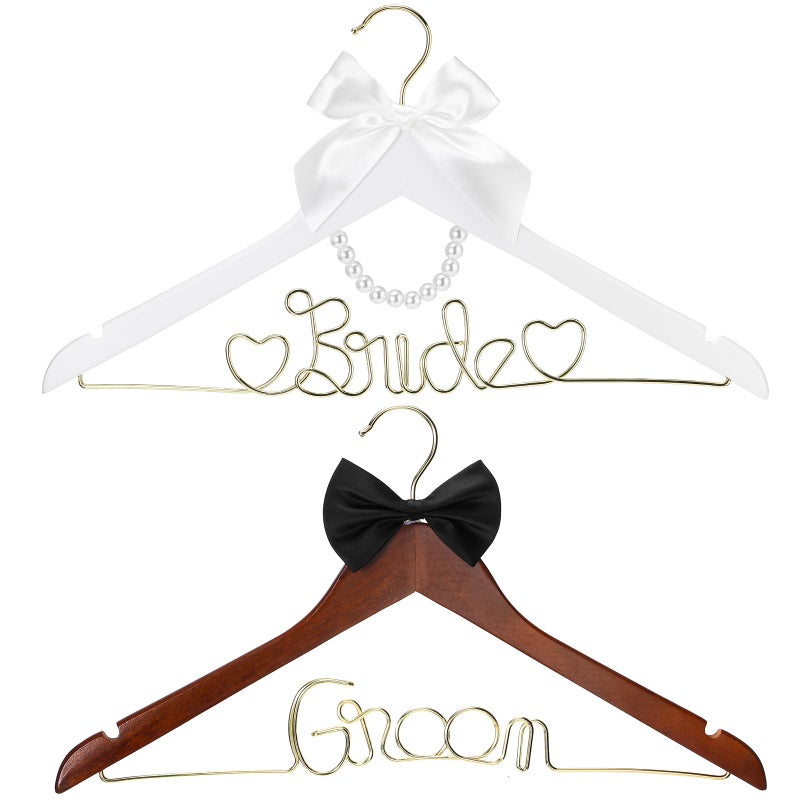 Beeveer 2 Pcs Bride Hanger for Wedding Dress Bride and Groom Wooden Wedding Dress Hanger Set with Bow Tie for Tuxedo Suit Gift Bridal Party ShowerFresh - Image 2