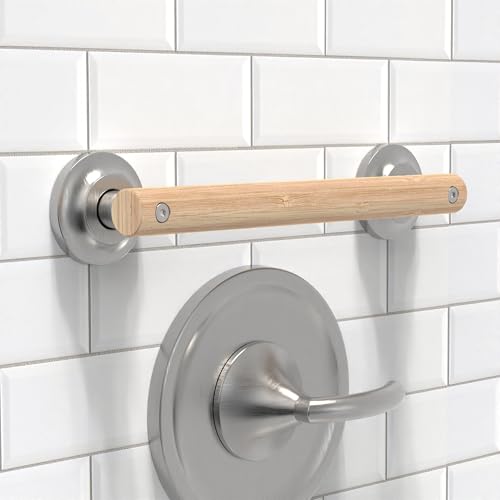 AquaChase Natural Bamboo Grab Bar for Bathroom Toilet ADA Compliant Balance Assist Handrail for Handicap and Seniors 12in Brushed Nickel - Image 1