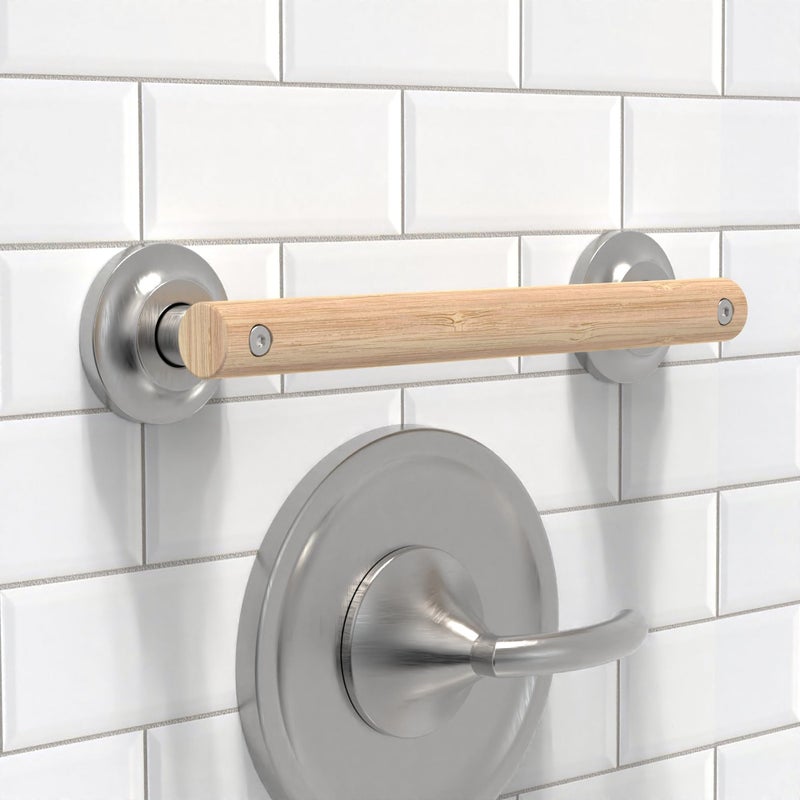 AquaChase Natural Bamboo Grab Bar for Bathroom Toilet ADA Compliant Balance Assist Handrail for Handicap and Seniors 12in Brushed Nickel - Image 2
