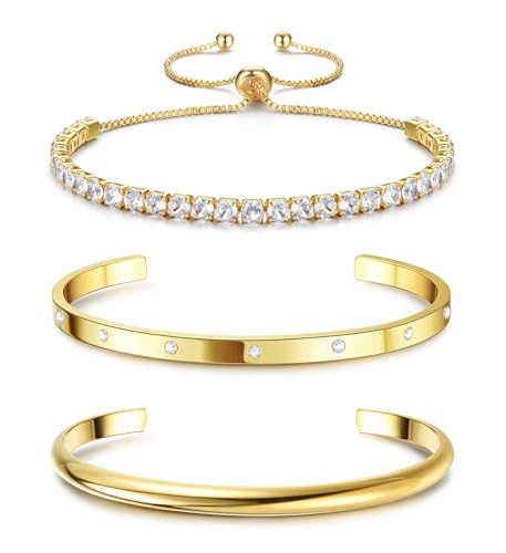 Fansilver 3PCS Gold Bracelets Set - 14K Gold Plated Link, Cuff, Bead Ball, Twisted Chunky Bangle Stackable Bracelets - Image 1
