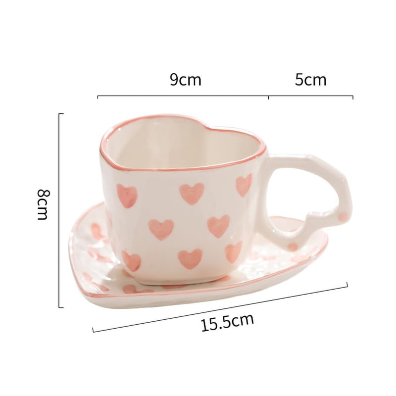 WAIT FLY Heart Shaped Ceramic Coffee Mug Set with Saucer, Tea Cup, Breakfast Cup, Dessert Plate-Pink-8 OZ - Image 2