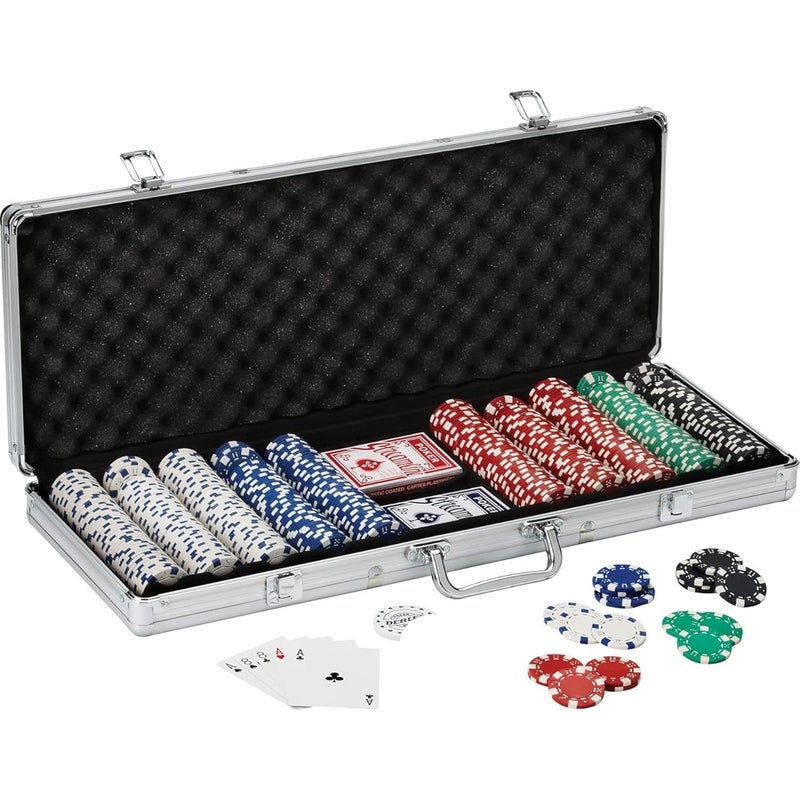 Gambit Goods طقم رقائق بوكر ديلوكس مكون من 500 قطعة مع علبة ألمنيوم، بطاقات، نرد، وزر موزع - رموز متعددة الألوان بأسلوب كازينو متميز للبالغين - مثالي للألعاب الكلاسيكية متعددة اللاعبين - Image 1