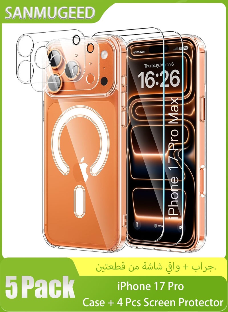 سانموجيد جراب مغناطيسي لهاتف iPhone 17 Pro مع واقي شاشة من قطعتين وواقي عدسة كاميرا من قطعتين، متوافق مع MagSafe، جراب خلفي شفاف واقٍ مقاوم للصدمات لهاتف iPhone 17 Pro مقاس 6.3 بوصة - Image 1