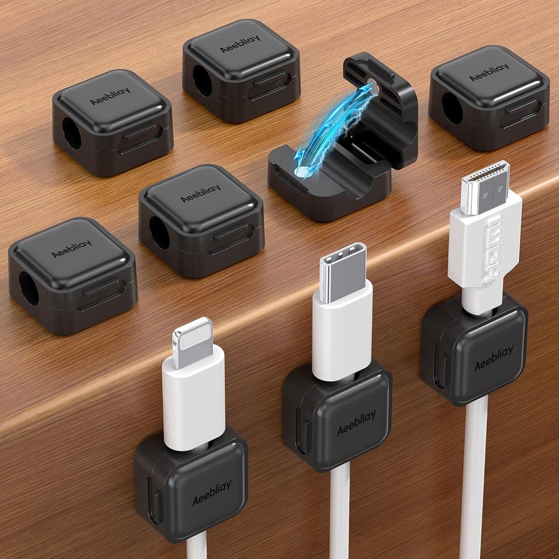 Aeebliay 9 Pack Magnetic Cable Clips Cord Holder, Desk Cable Management Accessories, Adhesive USB Wire Holder Keeper Organizer for Home Office Desk Phone Car Wall Desktop Nightstand - Black - Image 1
