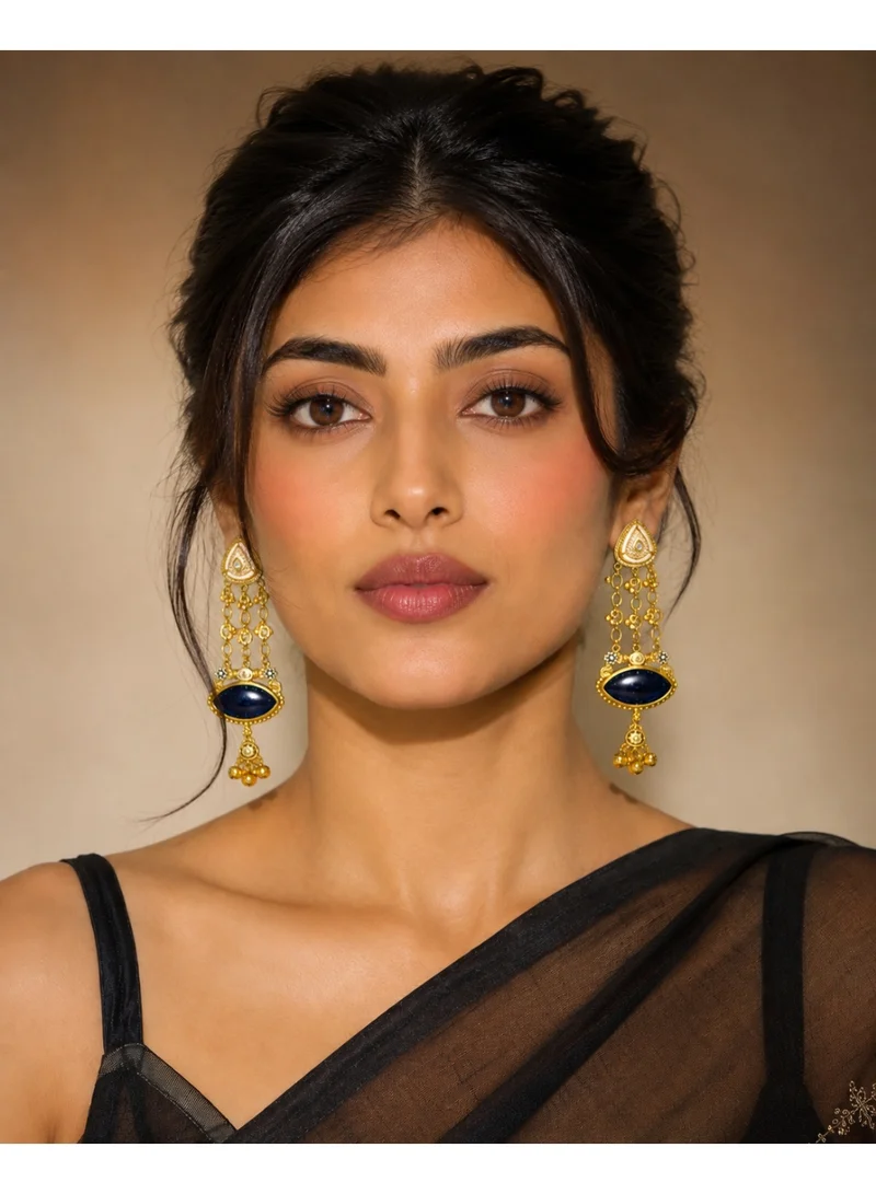 Lehar Imitation Gold-Tone Midnight Blue Stone Statement Kashir Dangler Earrings