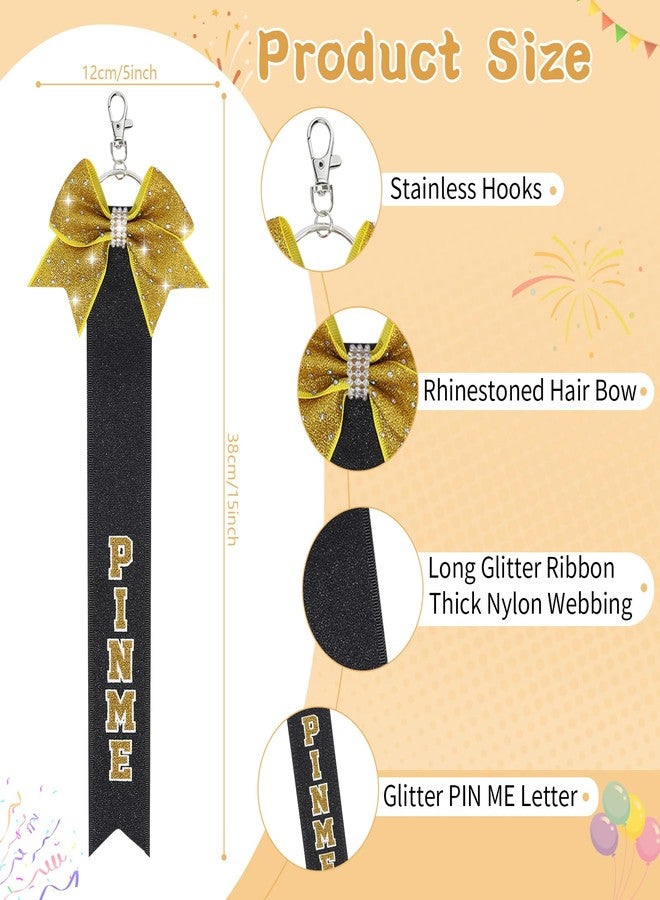 CN 2pcs Cheer Pin Me Ribbon Strap for Bag Glitter with Rhinestone Cheerleader Keychain Cheer Gifts Spirit Bow Pin Holder for Kids Girls Teen Women Black - Image 2