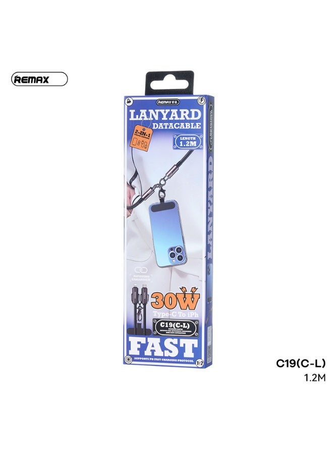 ريماكس كابل شحن سريع C19، كابل من سبائك الزنك من النوع C إلى Lightning بقوة 30 وات، تصميم مضفر متين بطول 1.2 متر مع حبل تعليق، هيكل قوي ومرن، يدعم الشحن السريع PD ونقل البيانات - أسود - Image 2