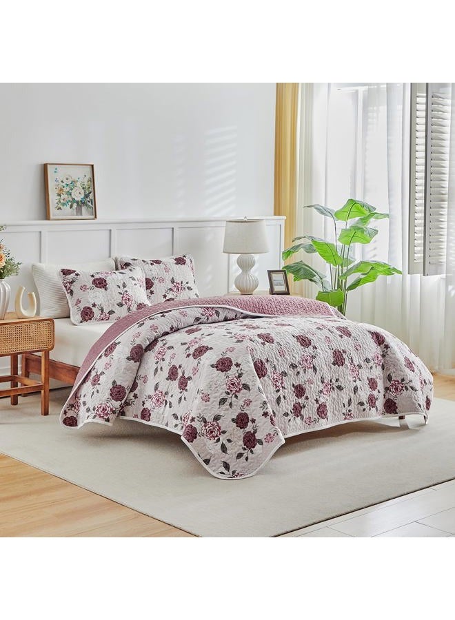 Shxime Floral Quilt Set 3 Pieces Queen Size Pink with Purple Rose Botanical Spring Flower Quilt Bedding Set, Microfiber Lightweight Bedspread, Coverlet Set for All Seasons - Image 3