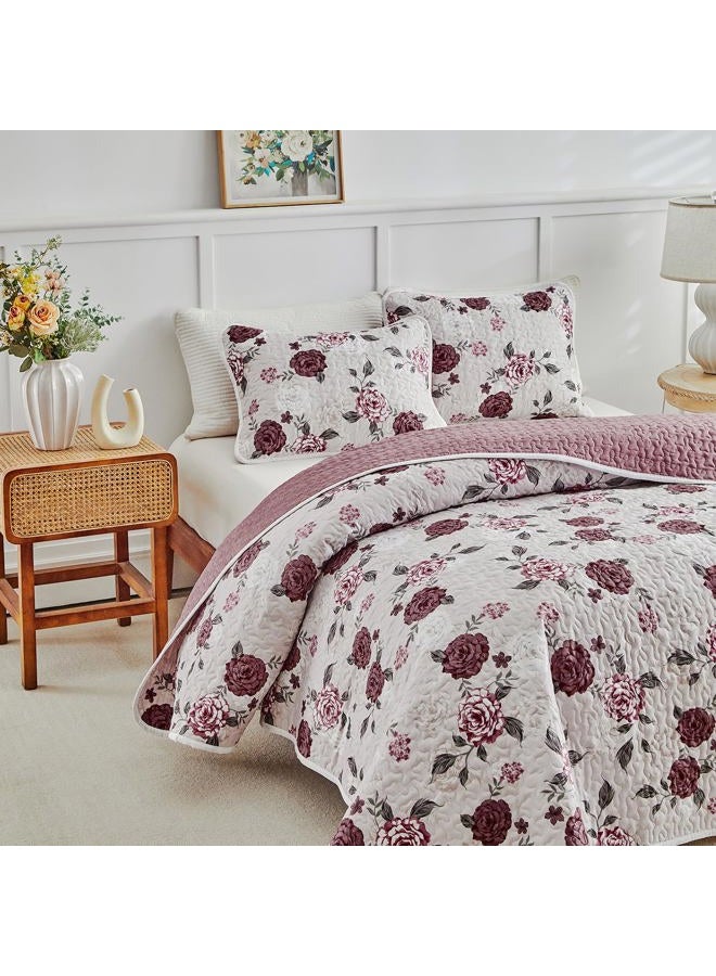 Shxime Floral Quilt Set 3 Pieces Queen Size Pink with Purple Rose Botanical Spring Flower Quilt Bedding Set, Microfiber Lightweight Bedspread, Coverlet Set for All Seasons - Image 5