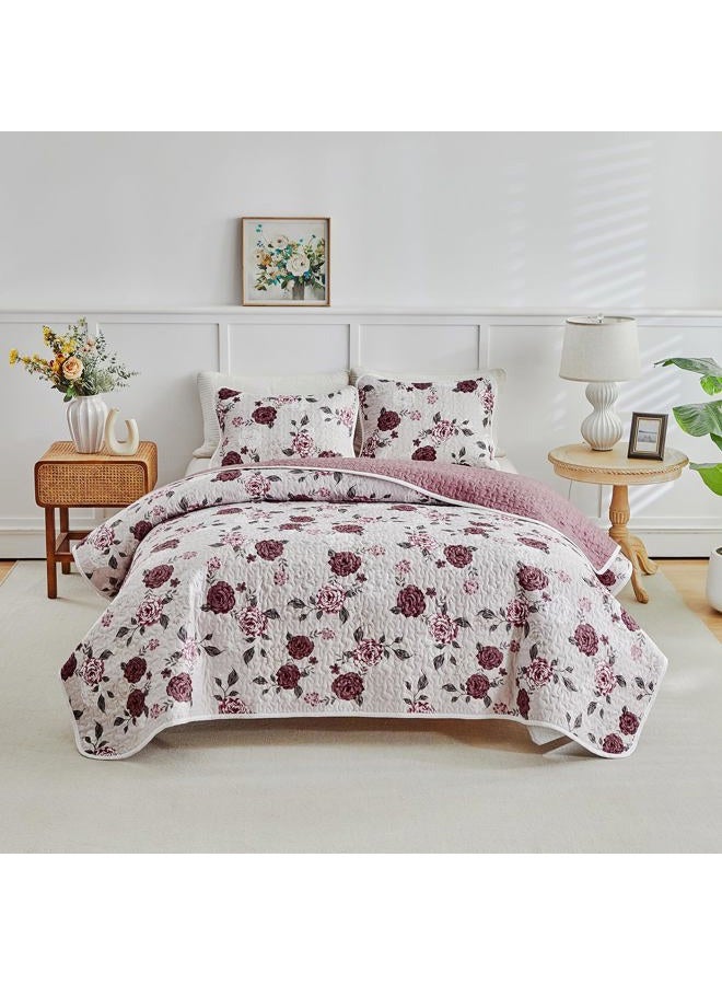 Shxime Floral Quilt Set 3 Pieces Queen Size Pink with Purple Rose Botanical Spring Flower Quilt Bedding Set, Microfiber Lightweight Bedspread, Coverlet Set for All Seasons - Image 2