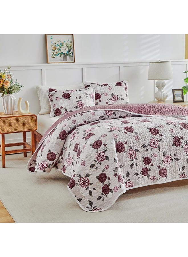 Shxime Floral Quilt Set 3 Pieces Queen Size Pink with Purple Rose Botanical Spring Flower Quilt Bedding Set, Microfiber Lightweight Bedspread, Coverlet Set for All Seasons - Image 4