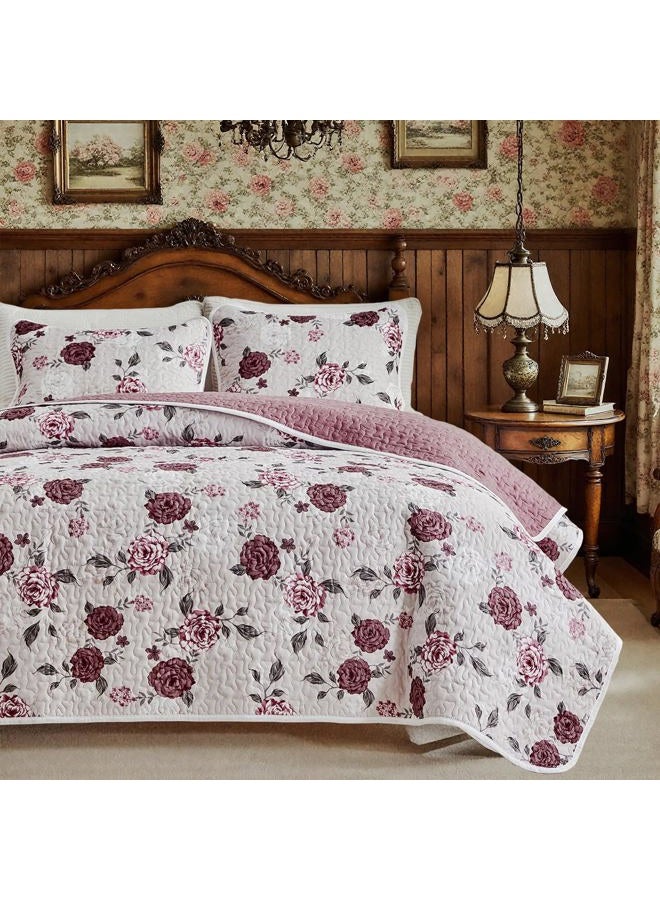 Shxime Floral Quilt Set 3 Pieces Queen Size Pink with Purple Rose Botanical Spring Flower Quilt Bedding Set, Microfiber Lightweight Bedspread, Coverlet Set for All Seasons - Image 1