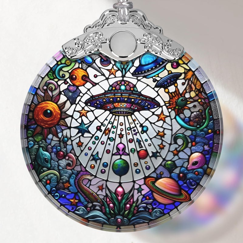 UFO Alien Stained Glass Ornament Christmas Ornaments Christmas Tree Decorations UFO Alien Christmas Decor UFO Alien Ornaments for Christmas Tree Holiday Presents Gift Exchange Ideas