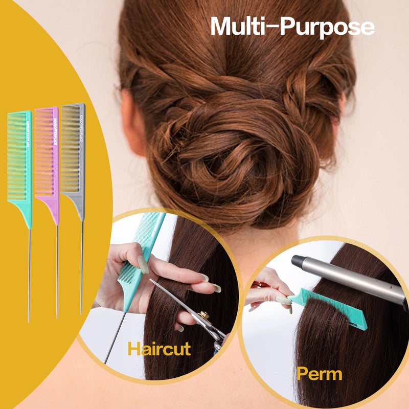 Goodofferplace 3 PCS Rat Tail Combs Parting Rattail Teasing Fine Tooth Comb with Metal Pick for Curly Hair,Detangling Parting Combs for Women for Braiding,Styling Hair(Green Purple Grey) - Image 5