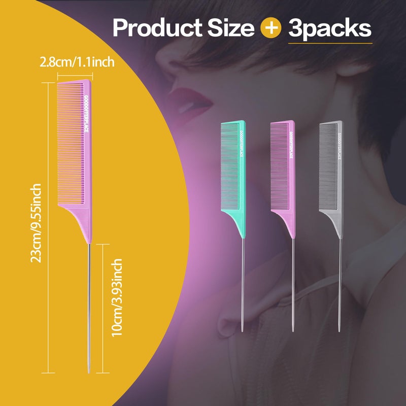 Goodofferplace 3 PCS Rat Tail Combs Parting Rattail Teasing Fine Tooth Comb with Metal Pick for Curly Hair,Detangling Parting Combs for Women for Braiding,Styling Hair(Green Purple Grey) - Image 2