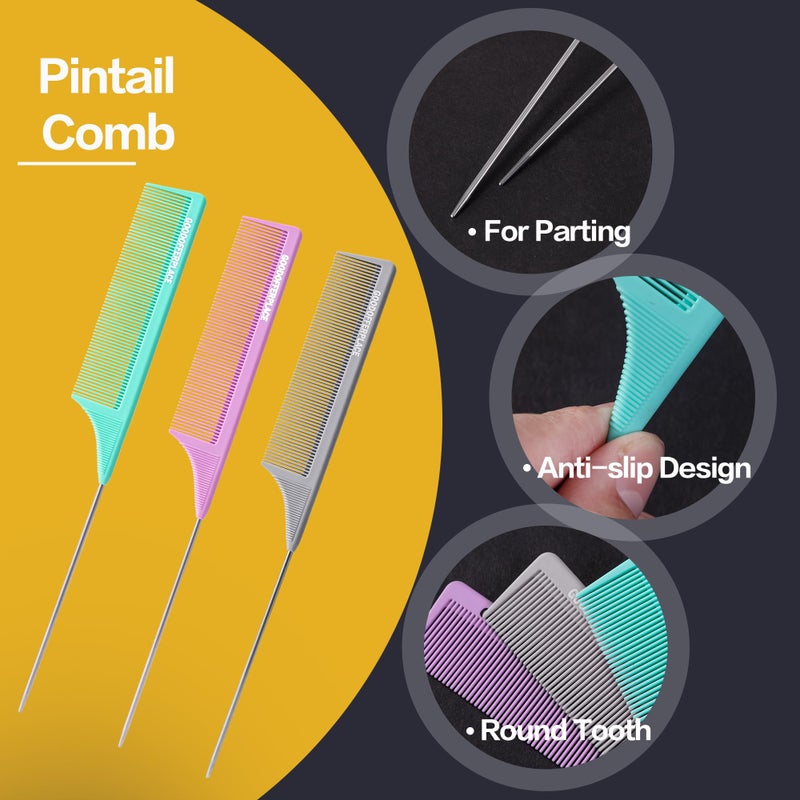 Goodofferplace 3 PCS Rat Tail Combs Parting Rattail Teasing Fine Tooth Comb with Metal Pick for Curly Hair,Detangling Parting Combs for Women for Braiding,Styling Hair(Green Purple Grey) - Image 3