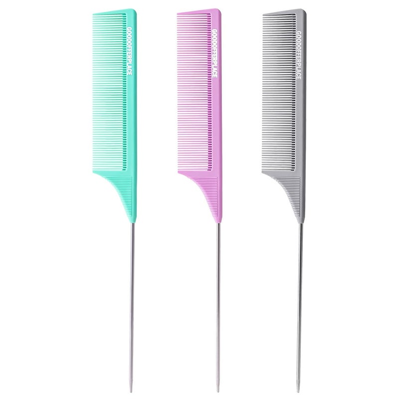 Goodofferplace 3 PCS Rat Tail Combs Parting Rattail Teasing Fine Tooth Comb with Metal Pick for Curly Hair,Detangling Parting Combs for Women for Braiding,Styling Hair(Green Purple Grey) - Image 1
