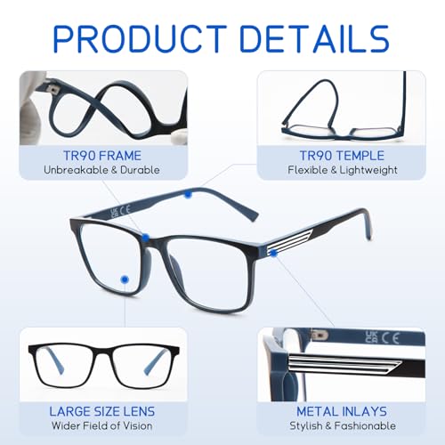 DEHOTRE 2 Pack Progressive Multifocus Reading Glasses Men Unbreakable TR90 Frame Temple Large Size Readers with Metal Inlays Multifocal Lens Blue Light Blocking Black & Blue 1.50 - Image 4