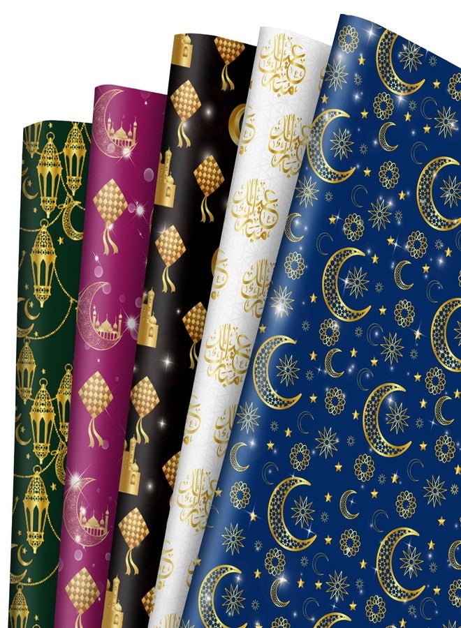 Whaline 10 Sheets Eid Mubarak Wrapping Paper - Not Roll - 5 Colors Ramadan Moon Star Words Lantern Patterns Gift Wrap Paper Folded Flat for Islamic Muslim Party DIY Crafts Supplies, 19.7 x 27.6 Inch - Image 1