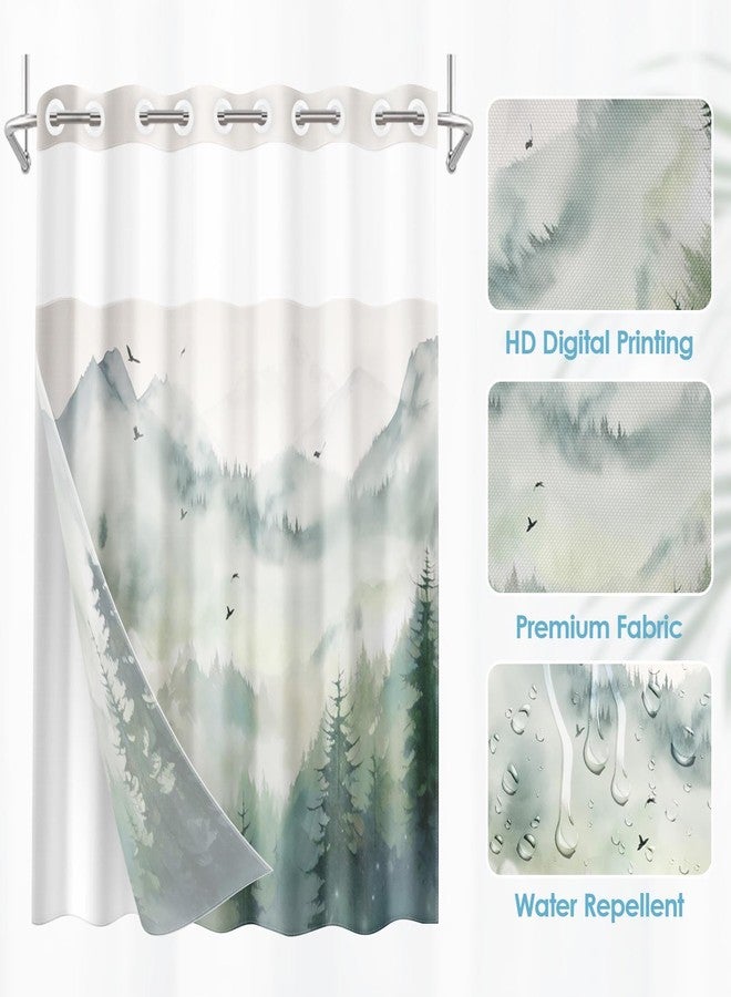 Nesphy No Hook Landscape Forest Shower Curtain with Snap in Fabric Liner, Green Mountains Nature Double Layers Waterproof Fabric with See Through Top Window Open Grommet Bath Curtain 71x74 Inch - Image 4