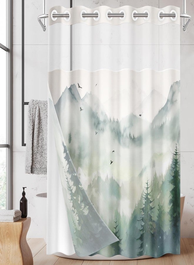 Nesphy No Hook Landscape Forest Shower Curtain with Snap in Fabric Liner, Green Mountains Nature Double Layers Waterproof Fabric with See Through Top Window Open Grommet Bath Curtain 71x74 Inch - Image 1
