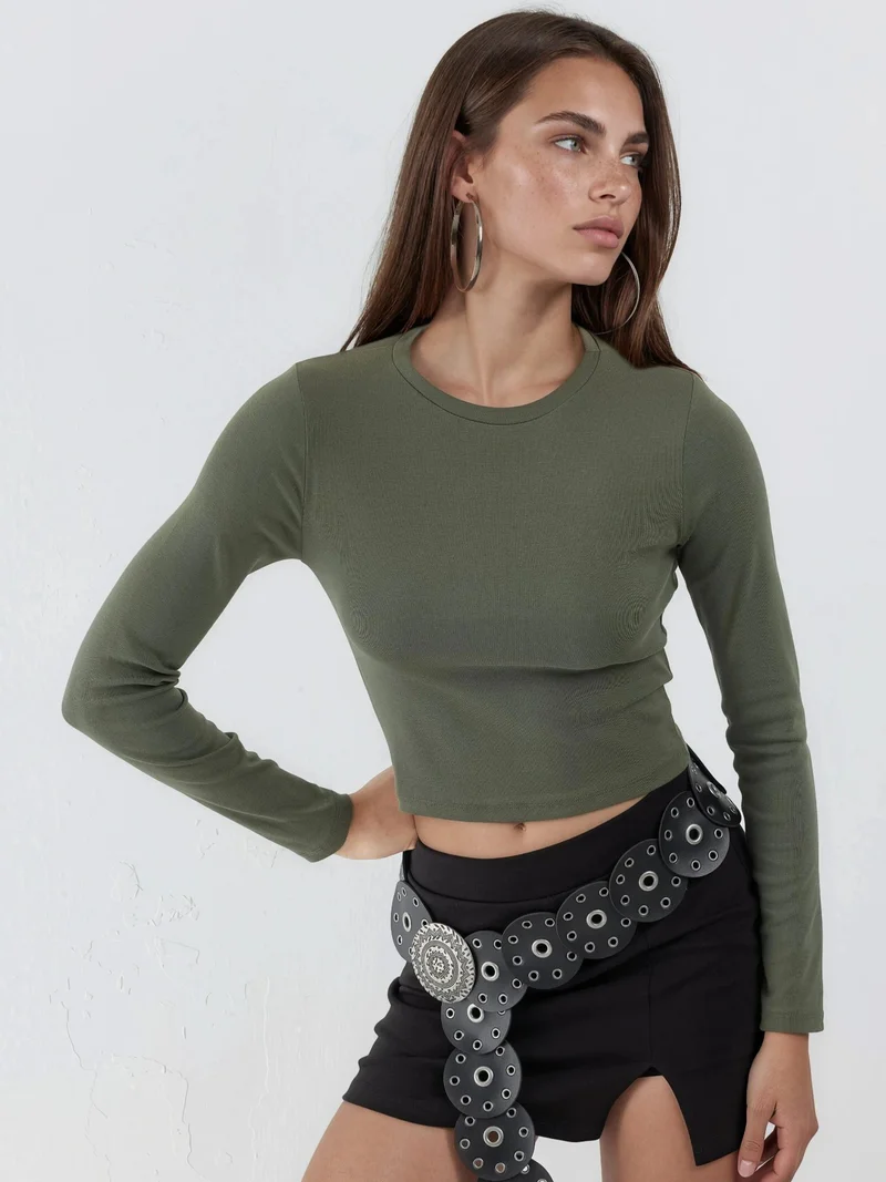 Busem BUSEM Slim Fit Long Sleeved Crop Top with Crew Neck