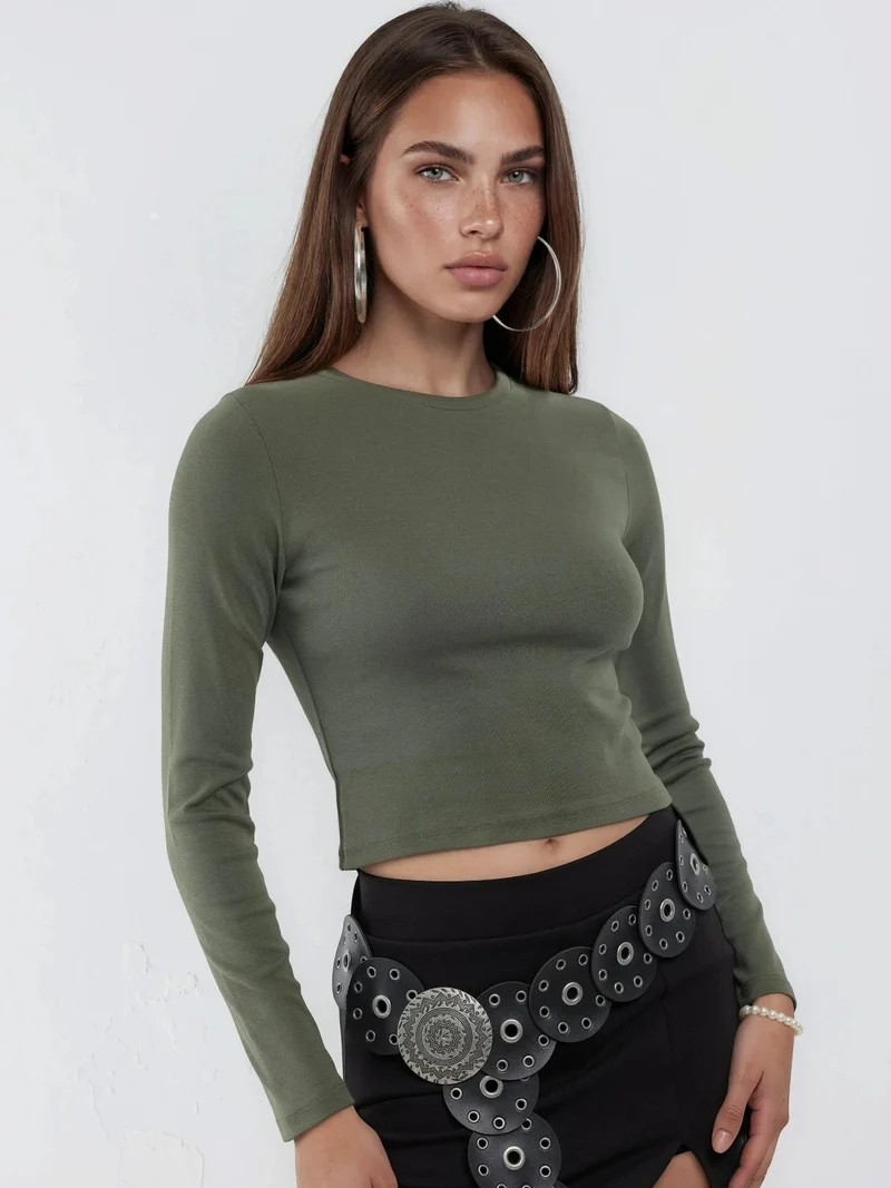 Busem BUSEM Slim Fit Long Sleeved Crop Top with Crew Neck