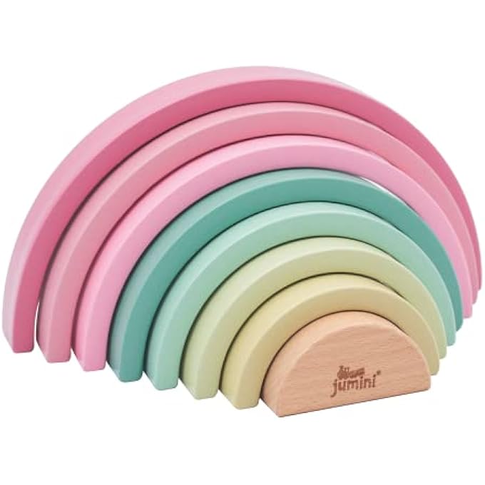 WOODEN STACKING TOY RAINBOW BUILDING BLOCKS – PASTEL COLOURED, EDUCATIONAL PUZZLE, GEOMETRIC, ARCH TOY, BIRTHDAY GIFT, TOY FOR CHILDREN, 8 PIECES (PINK) - Image 1