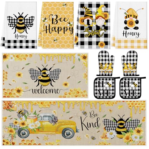 Fourluoo 10 Pcs Bee Kitchen Decor Sunflower Oven Mitts and Pot Holders Set Bee Dish Towels Rugs Mats Buffalo Plaid Farmhouse Kitchen Accessories for Chef Baking Cooking Grilling BBQ Women Home Gift - Image 1