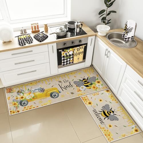 Fourluoo 10 Pcs Bee Kitchen Decor Sunflower Oven Mitts and Pot Holders Set Bee Dish Towels Rugs Mats Buffalo Plaid Farmhouse Kitchen Accessories for Chef Baking Cooking Grilling BBQ Women Home Gift - Image 3