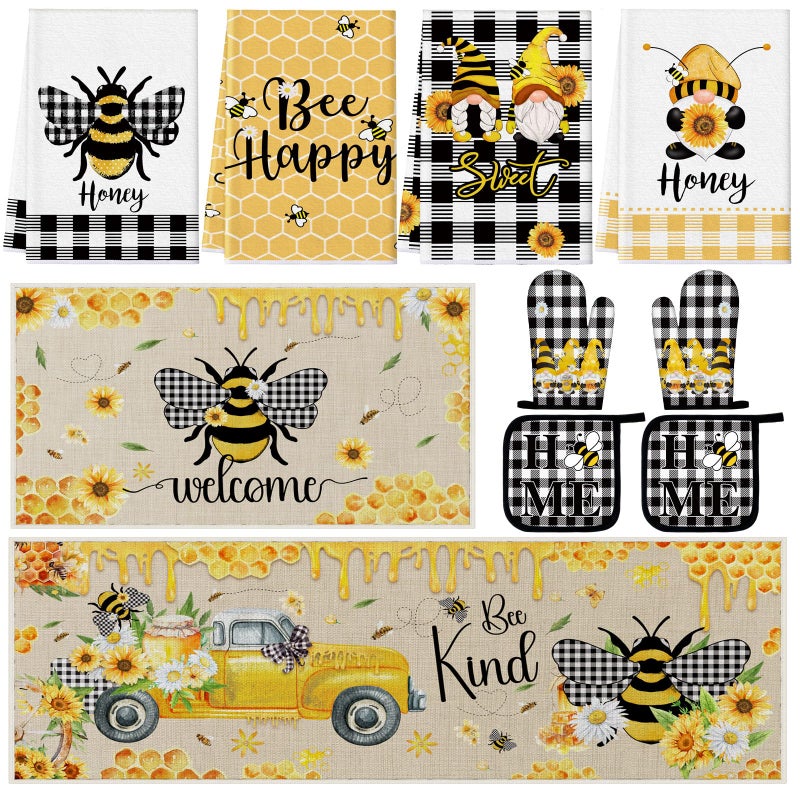 Fourluoo 10 Pcs Bee Kitchen Decor Sunflower Oven Mitts and Pot Holders Set Bee Dish Towels Rugs Mats Buffalo Plaid Farmhouse Kitchen Accessories for Chef Baking Cooking Grilling BBQ Women Home Gift - Image 2