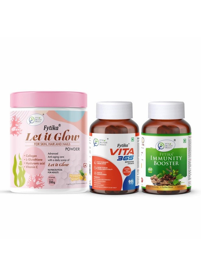 Fytika Health & Glow Combo - Let It Glow Collagen Powder 200g + Vita 365 Multivitamin Tablets 60s + Immunity Booster Tablets 60s | Daily Skin, Energy & Immunity Support - Image 1