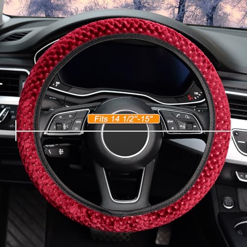 KAFEEK Elastic Short Microfiber Plush Steering Wheel Cover for Winter Warm, Universal 15 inch, Anti-Slip, Odorless, Wine Red - Image 2