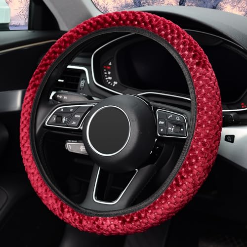 KAFEEK Elastic Short Microfiber Plush Steering Wheel Cover for Winter Warm, Universal 15 inch, Anti-Slip, Odorless, Wine Red - Image 3