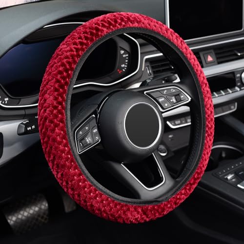 KAFEEK Elastic Short Microfiber Plush Steering Wheel Cover for Winter Warm, Universal 15 inch, Anti-Slip, Odorless, Wine Red - Image 1