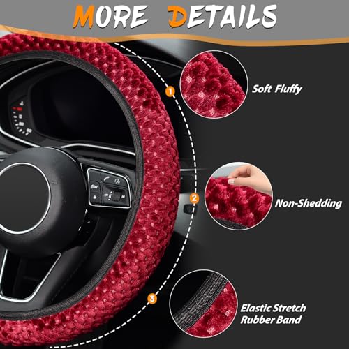 KAFEEK Elastic Short Microfiber Plush Steering Wheel Cover for Winter Warm, Universal 15 inch, Anti-Slip, Odorless, Wine Red - Image 5