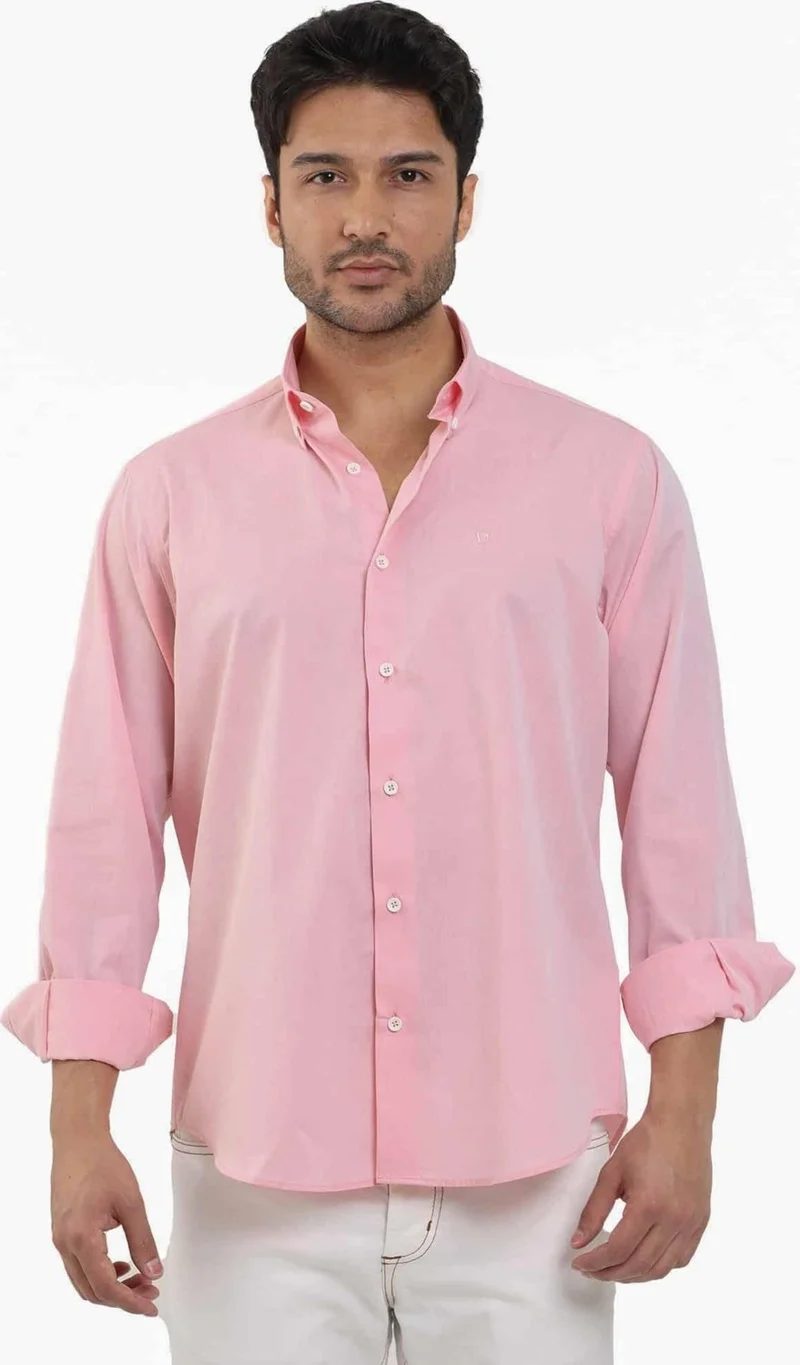 Light Red Men's Regular Fit Plain Brent Button Collar Long Sleeve Shirt - 102219