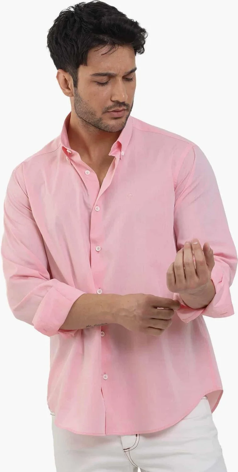 Dufy  Light Red Men's Regular Fit Plain Brent Button Collar Long Sleeve Shirt - 102219 for Men | Best Price UAE