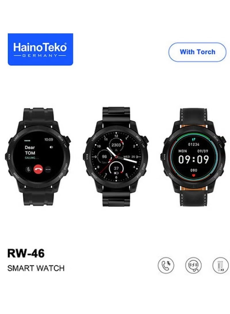 Haino Teko RW46 Smartwatch – Round AMOLED Display, Built-in Flashlight, 3 Strap Options, Wireless Charging – Sleek Black Design for Men & Boys - Image 1