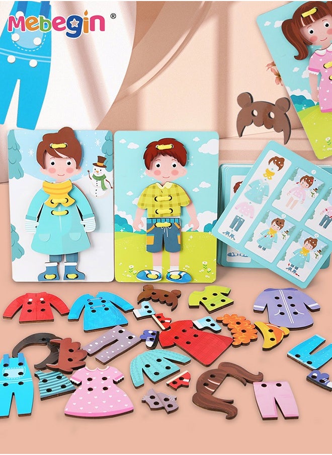 MEBEGIN Montessori Toys Gifts Wood Clothes Tying Toy,Learn to Tying Fine Motor Skill Threading Game Educational Toy Character Dressup Toy Teaching Kit for Kids  - Image 1